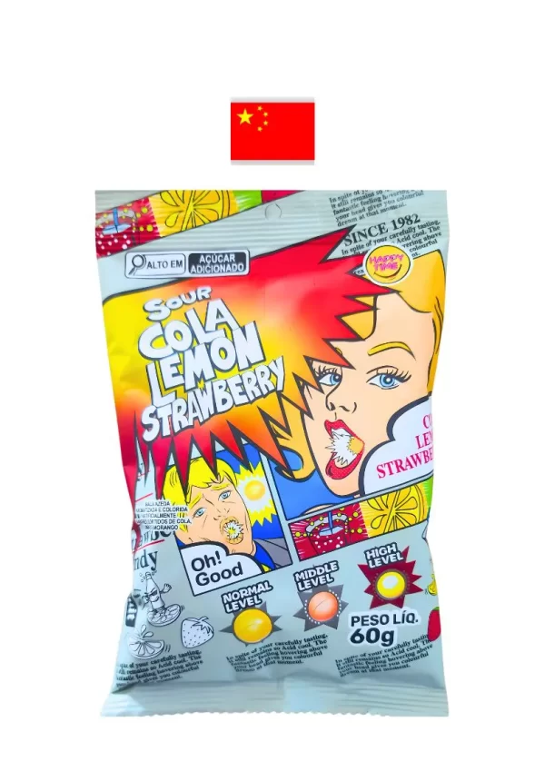 Bala Super Sour Candy Mix Strawberry, Lemon e Cola 60g